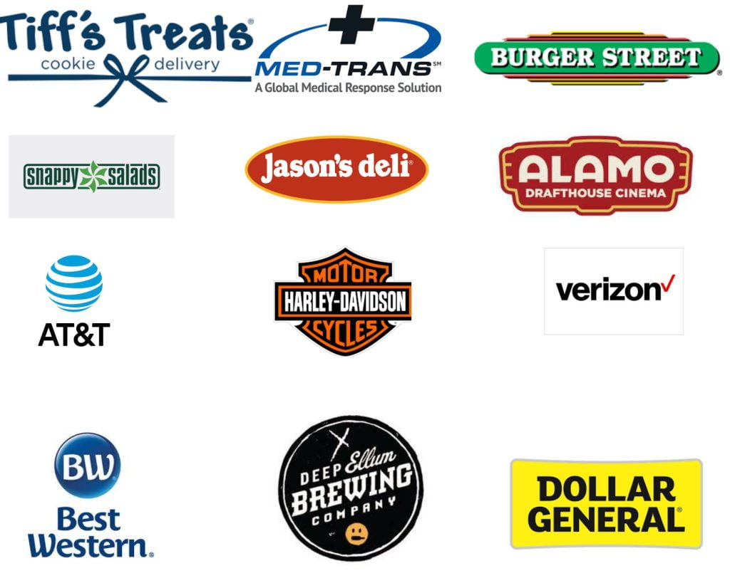 A collage of various company logos, including Tiff's Treats, MED-TRANS, Burger Street, Snapy Salads, Jason's Deli, Alamo Drafthouse Cinema, AT&T, Harley-Davidson, Verizon, Best Western, Deep Ellum Brewing Company, and Dollar General.