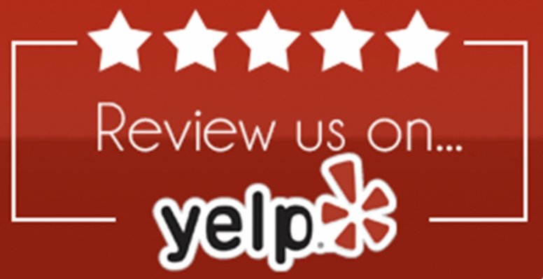 Five white stars with the text 'Review us on...' above the Yelp logo on a red background.