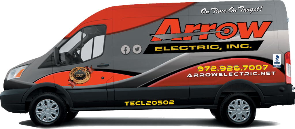 Company van with Arrow Electric, Inc. branding, featuring a striking red and black design with contact information.